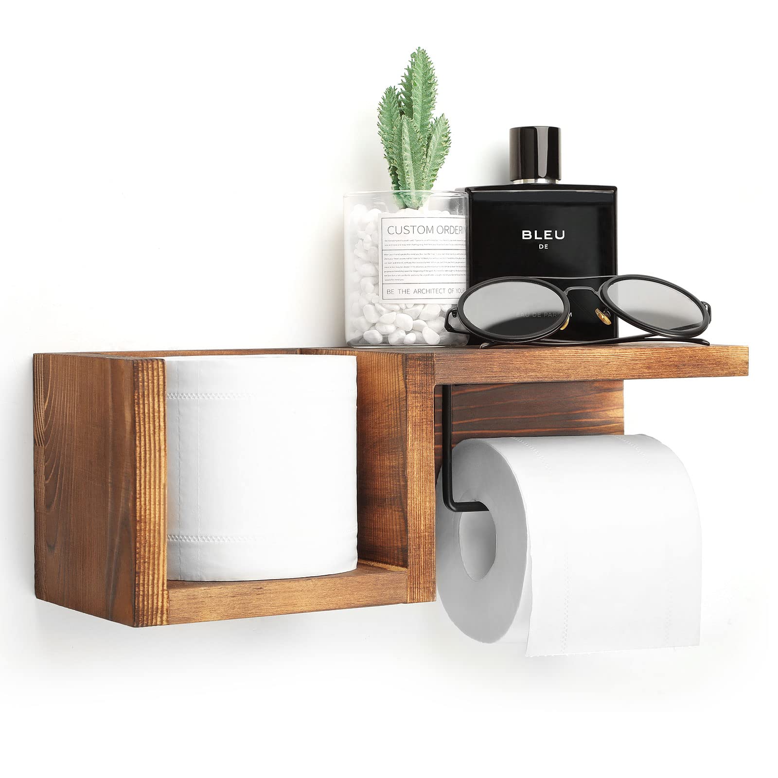 toilet paper holder with wood shelf