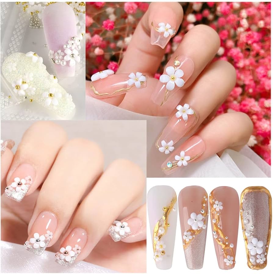 uñas con flores 3d y piedras