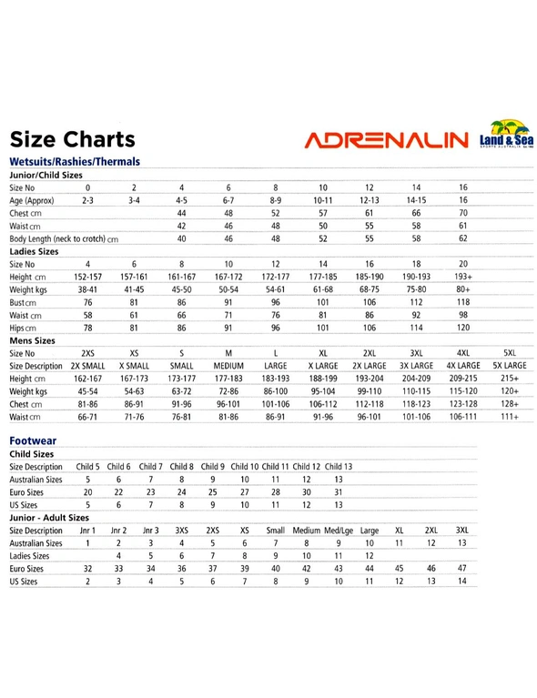 w lane size chart