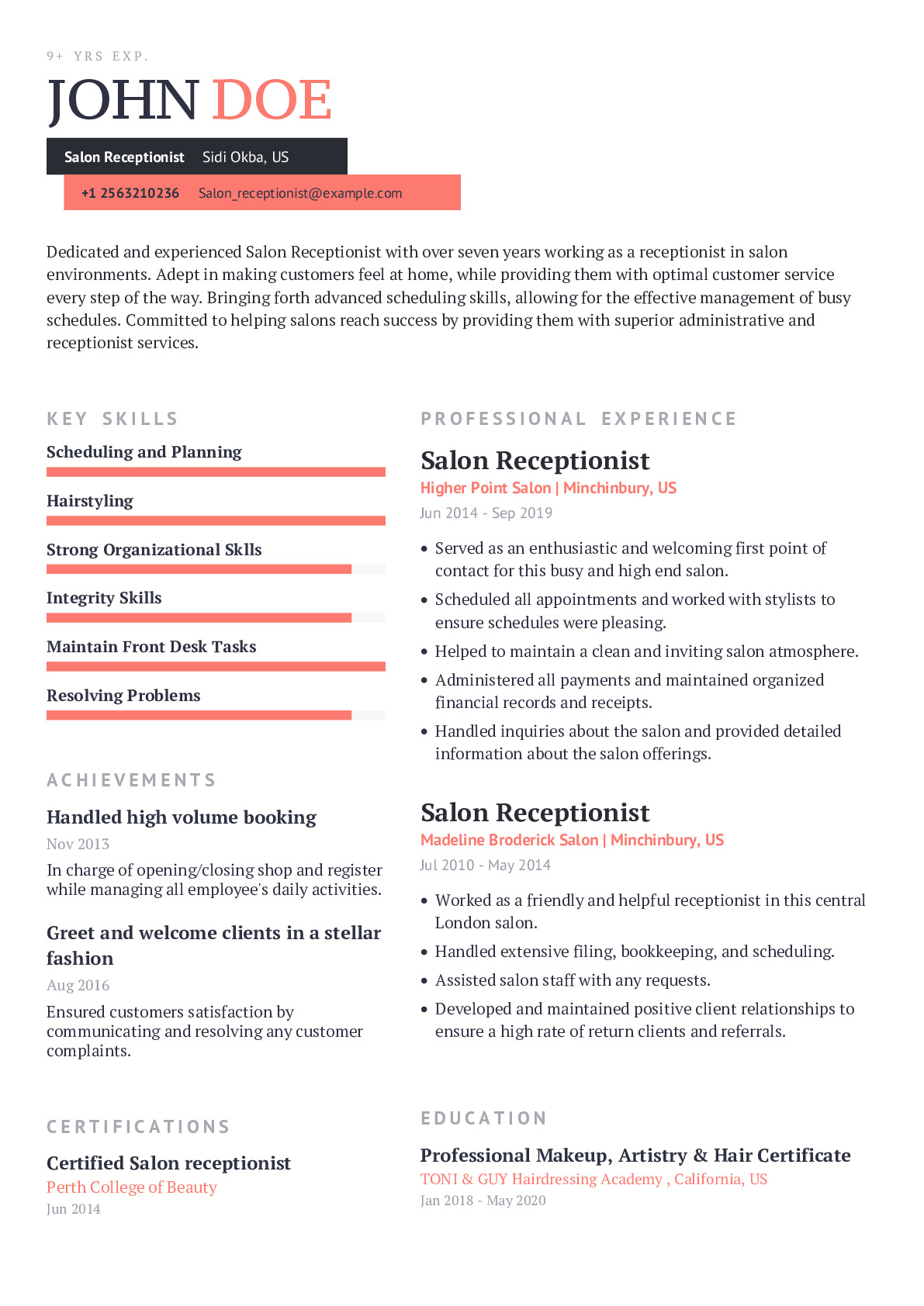 salon receptionist positions