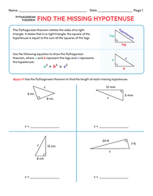 find the hypotenuse of a right triangle worksheet