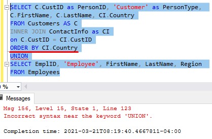 incorrect syntax near the keyword union