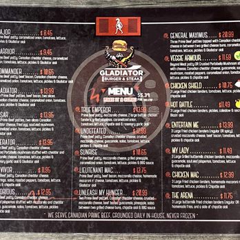 gladiator burger menu