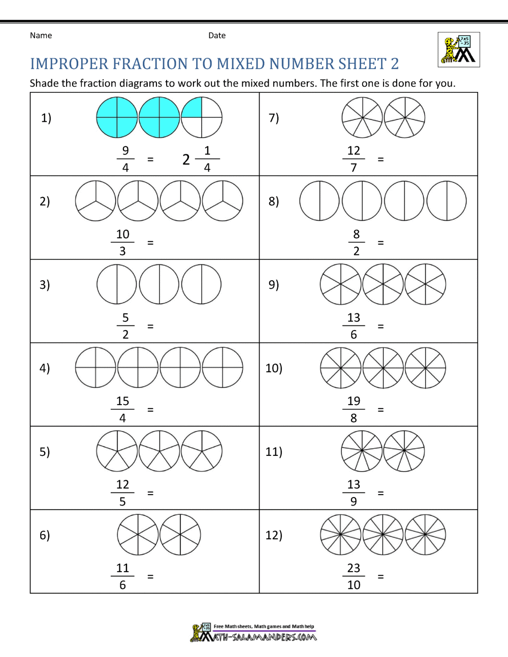 mixed and improper fractions worksheet