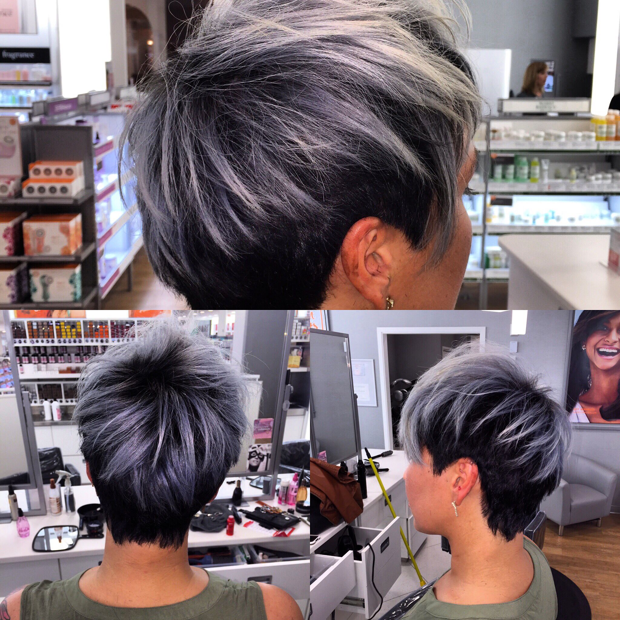 pixie short hair grey highlights