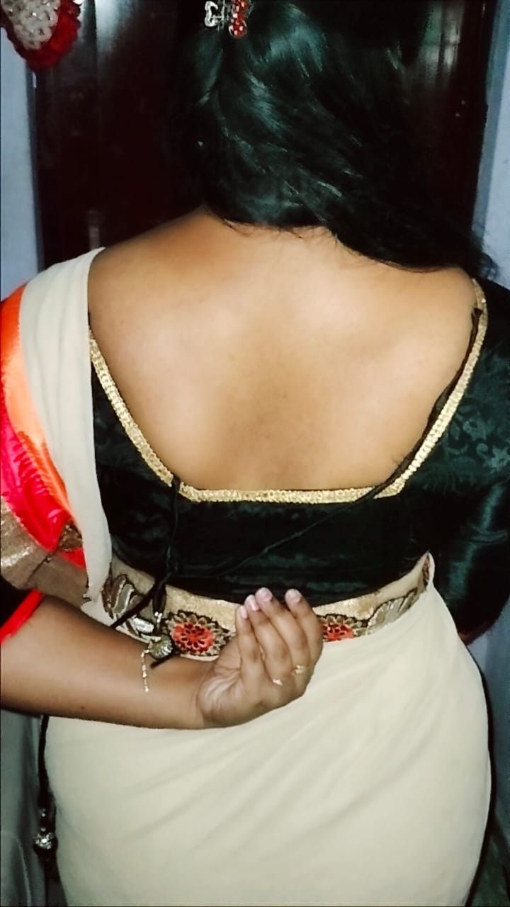 satin saree aunty back