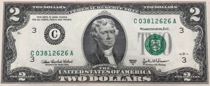 uncirculated 2003 2 dollar bill