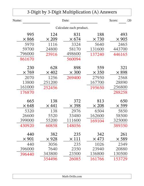 3 digit multiplication with answers