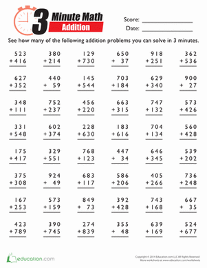 3 minute addition drill