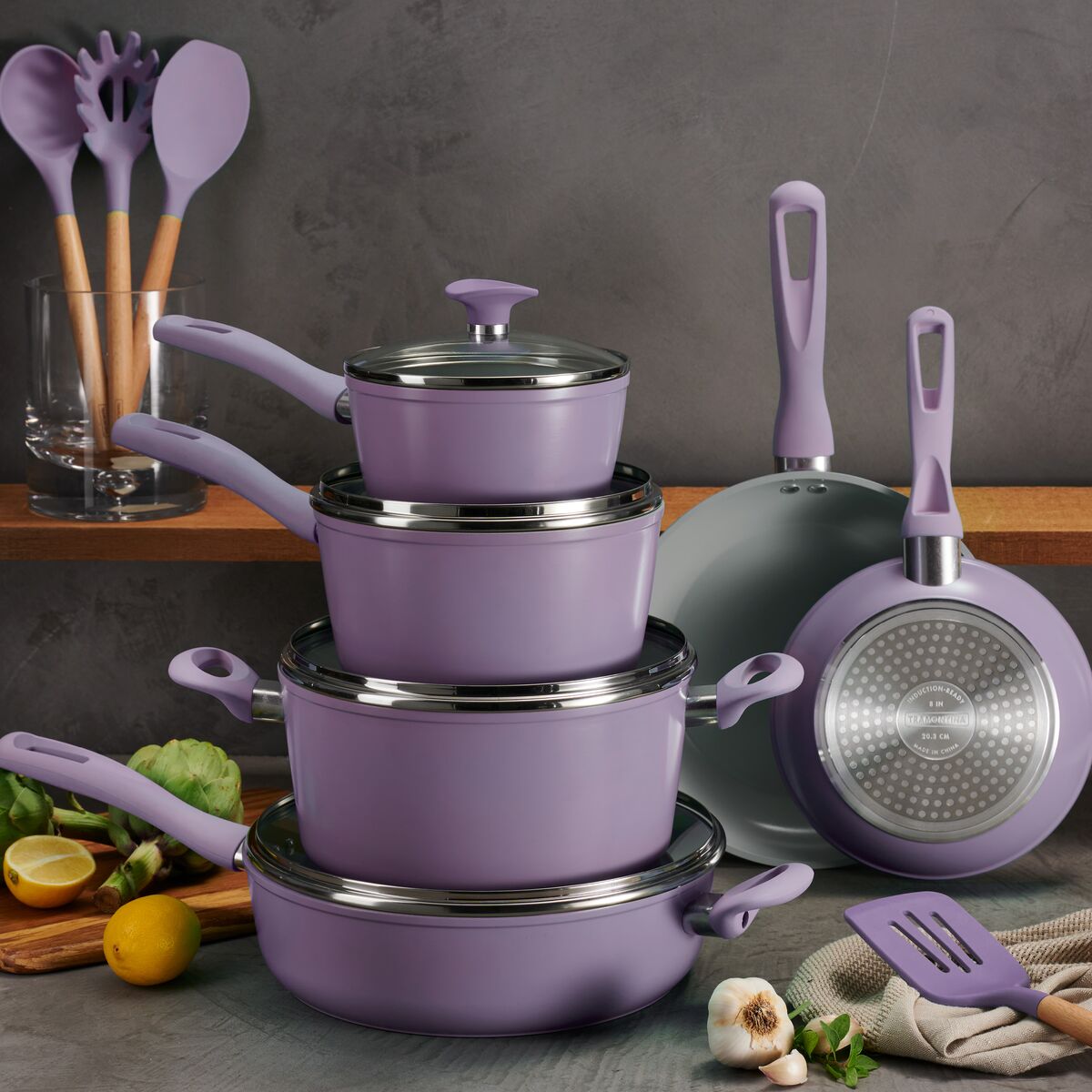 purple pots and pans