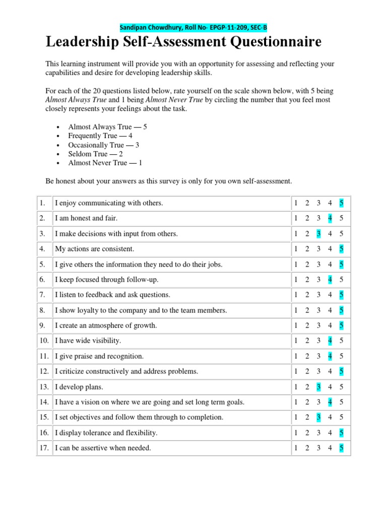 leadership self assessment questionnaire