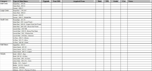 excel spreadsheet coin inventory templates