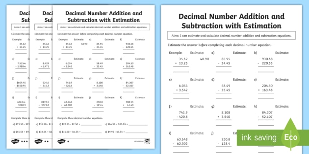 estimating adding and subtracting decimals worksheets