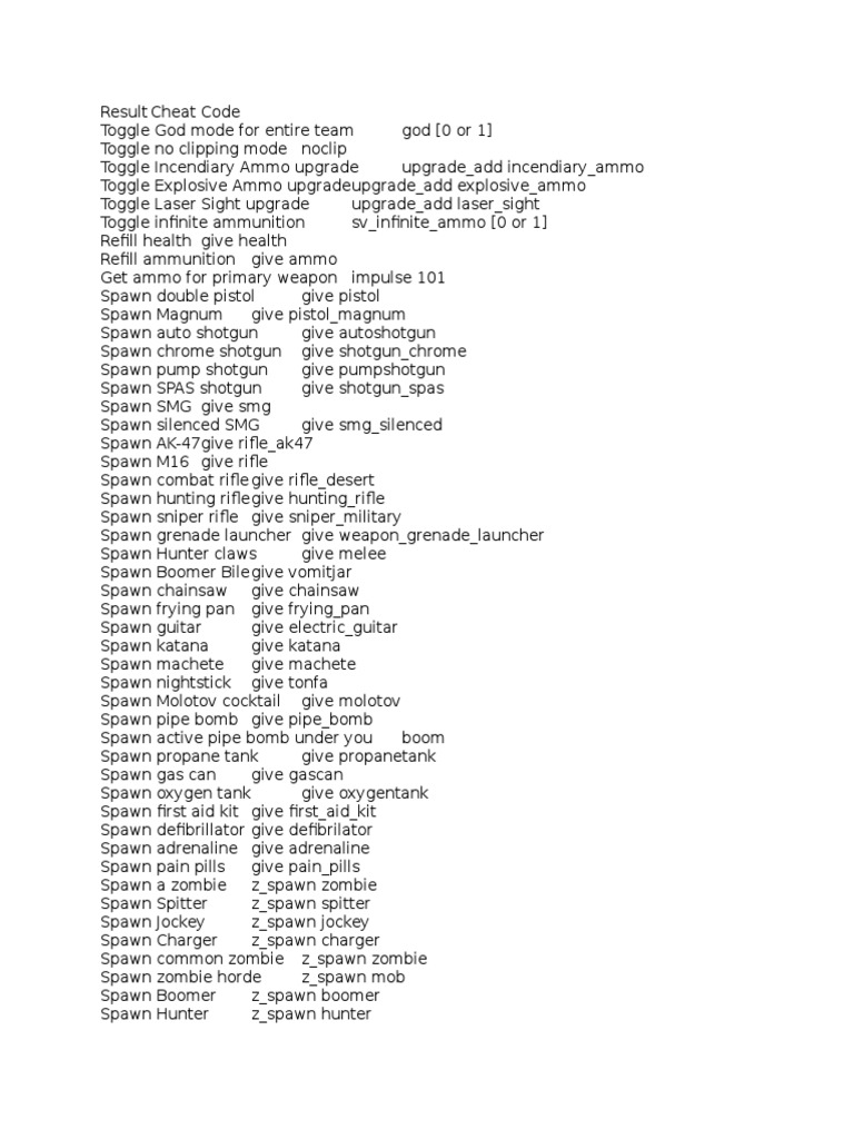 left 4 dead 2 console commands list