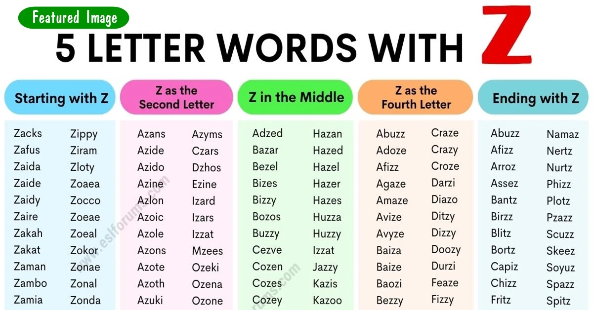 5 letter words ending in z