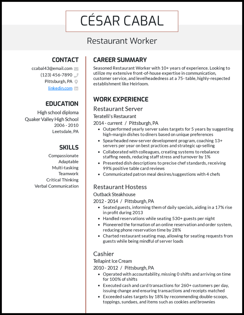 restaurant resume