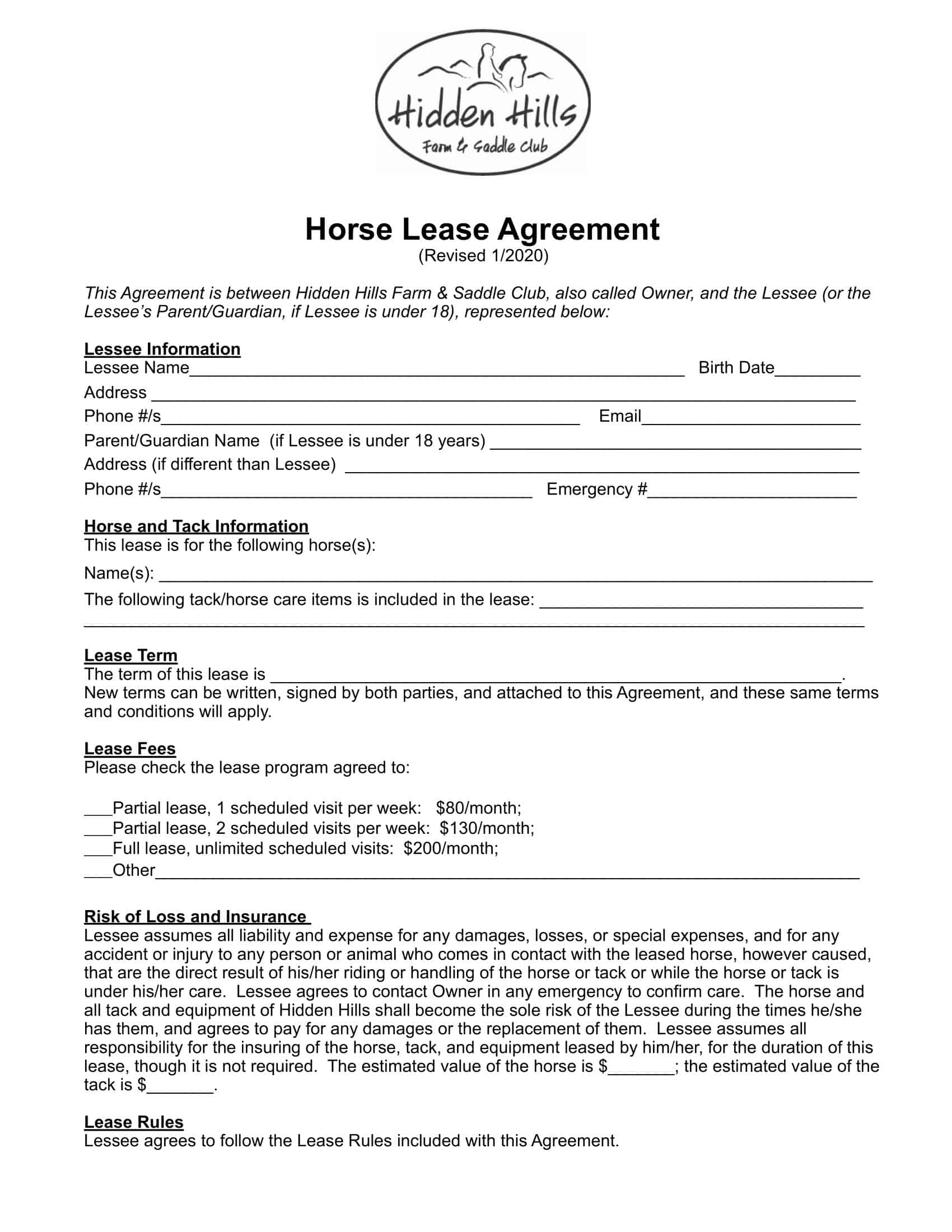 printable horse lease agreement