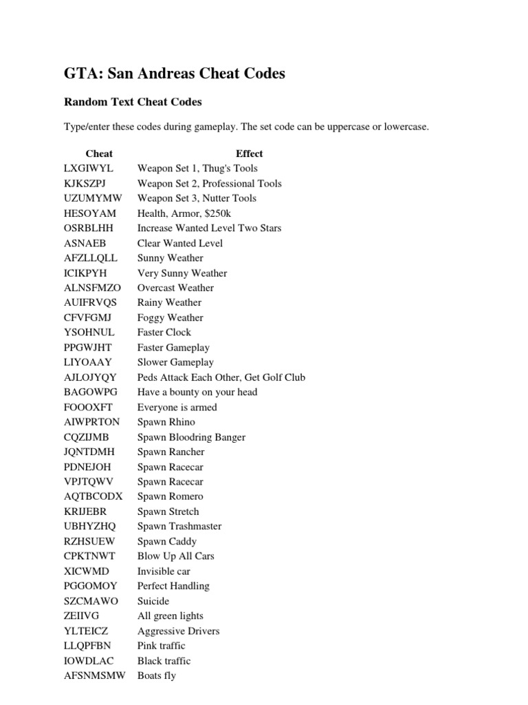 gta san andreas weapon cheats