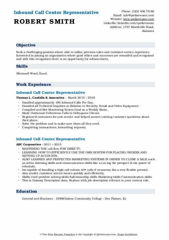 inbound call center job description for resume