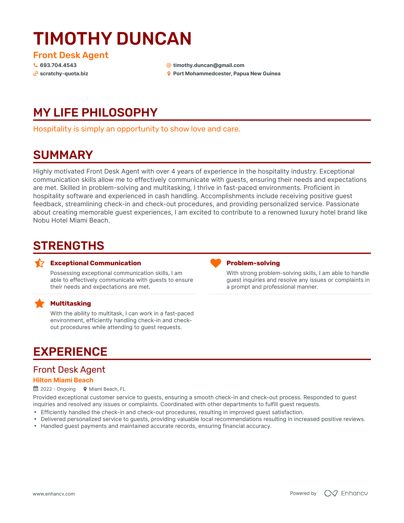 front desk agent resume