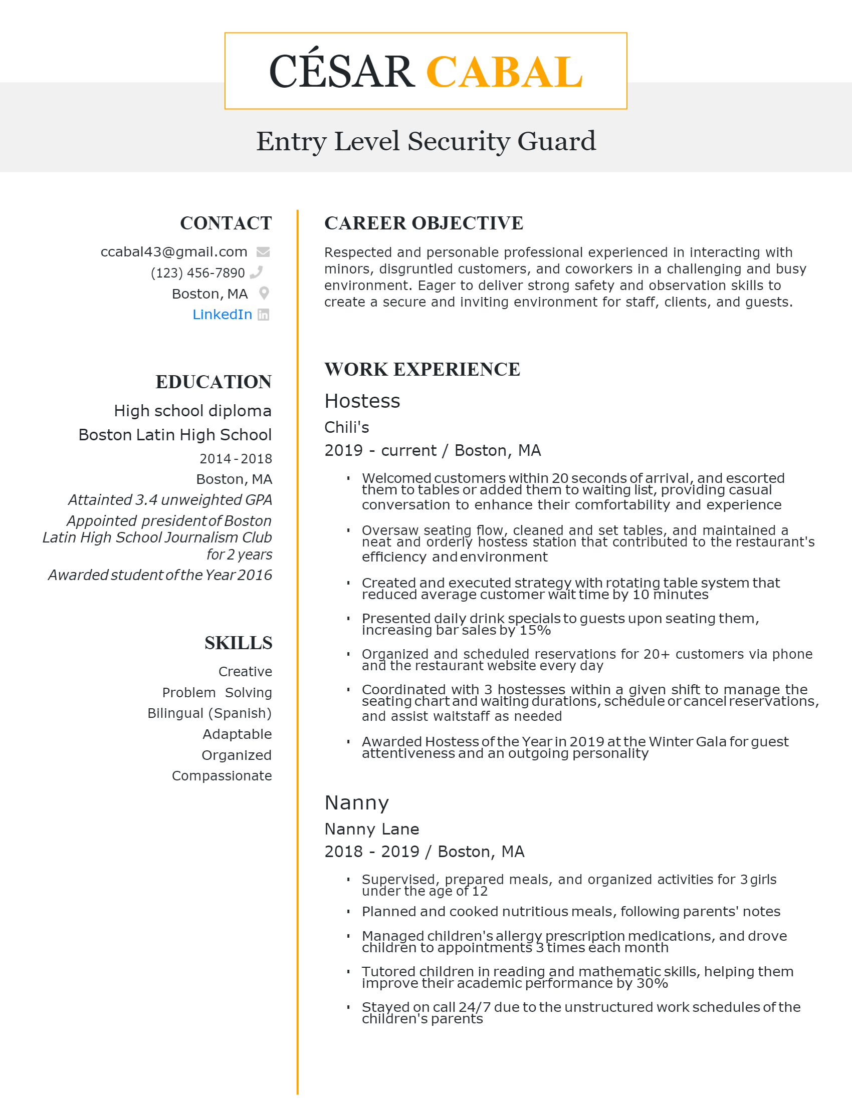 beginner security guard resume