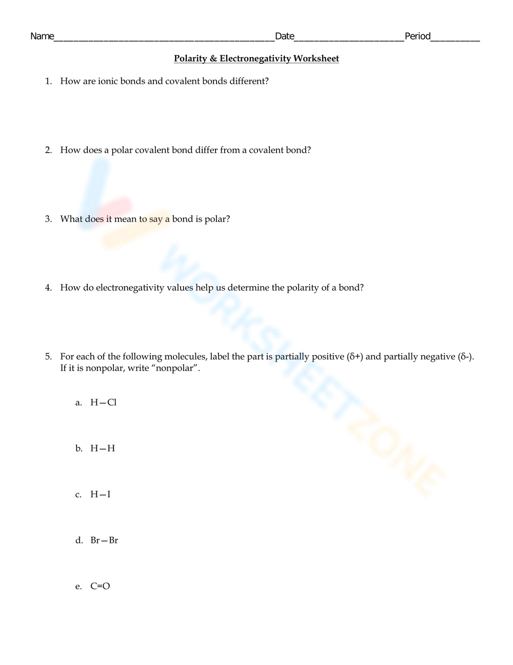 polarity and electronegativity worksheet answers