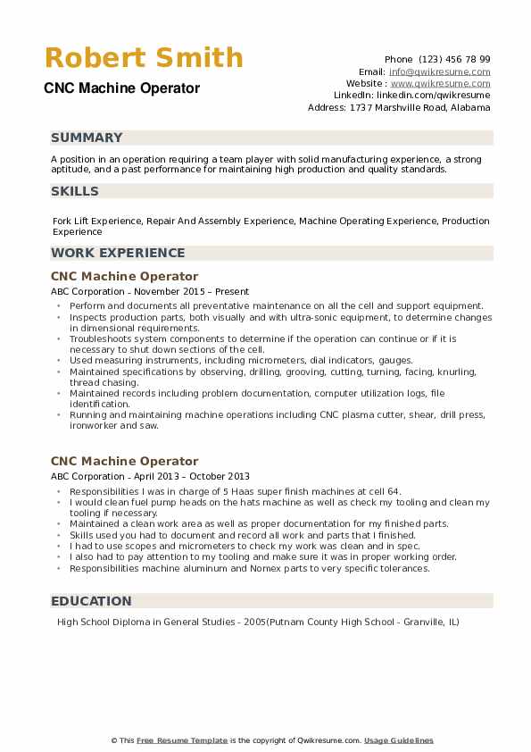 cnc operator resume