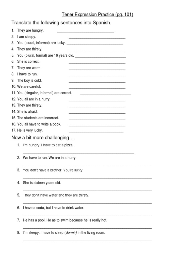 tener worksheet pdf