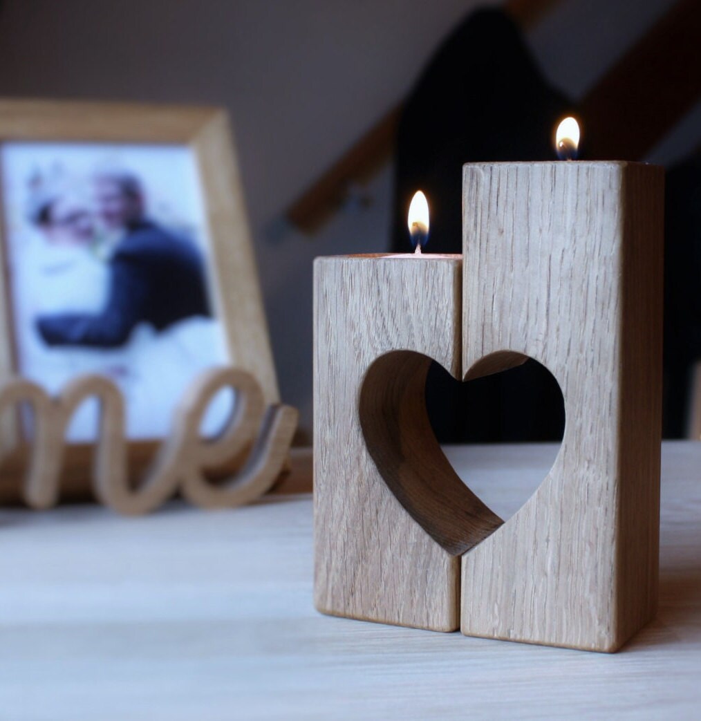 heart wooden candle holder