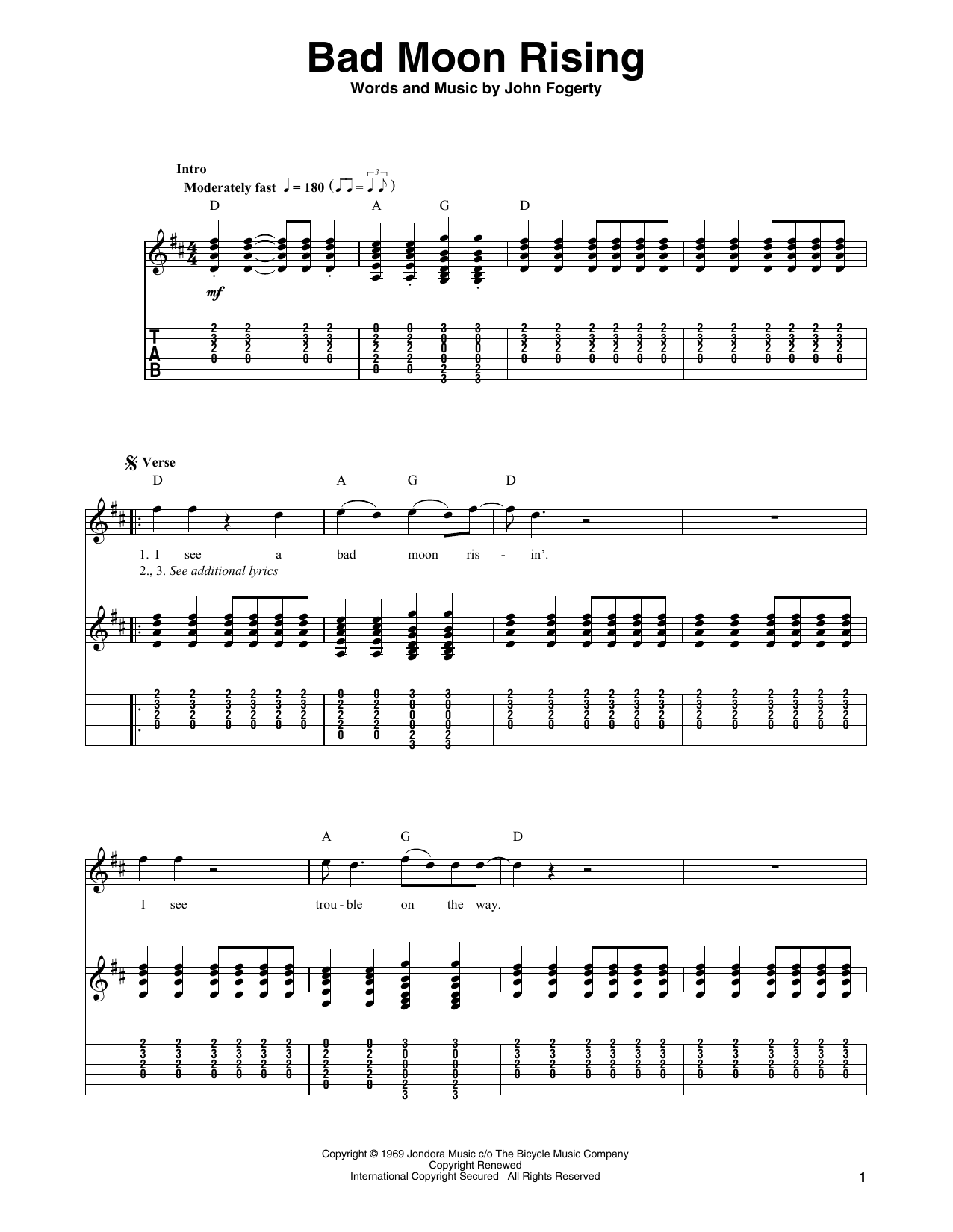 creedence clearwater revival bad moon rising chords