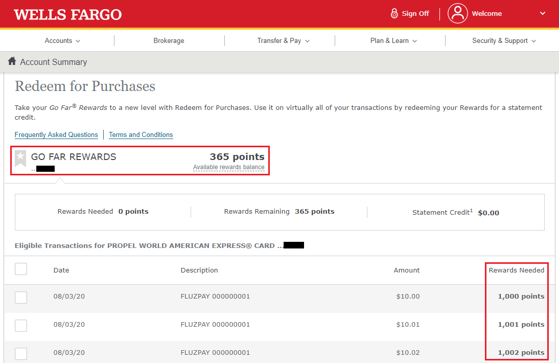 wells fargo rewards points redeem to account