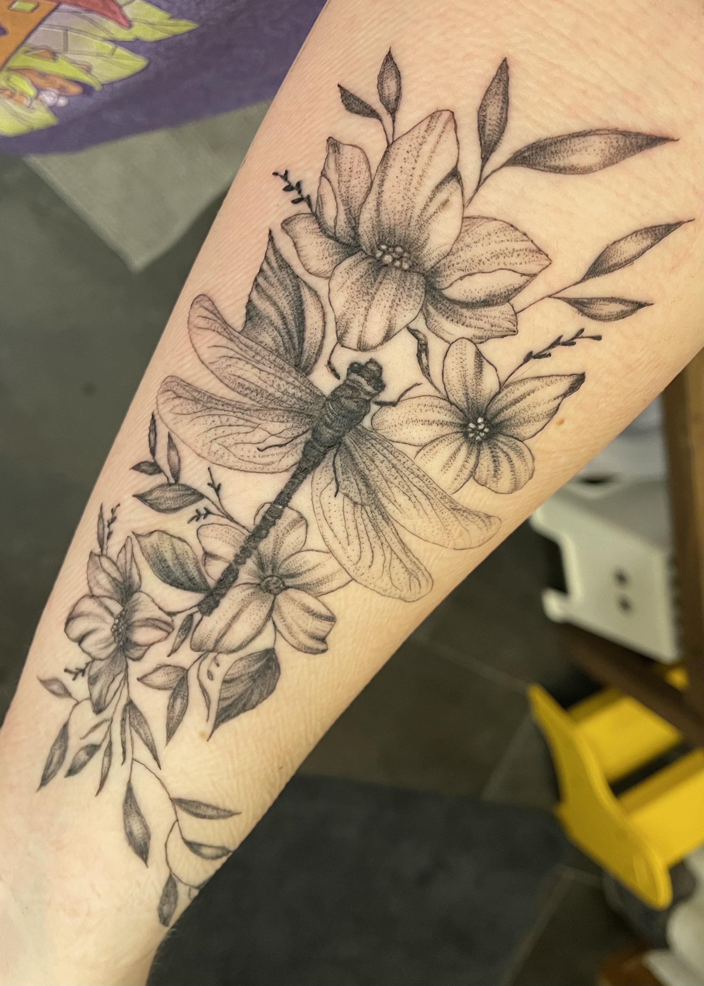 dragonfly and flower tattoos