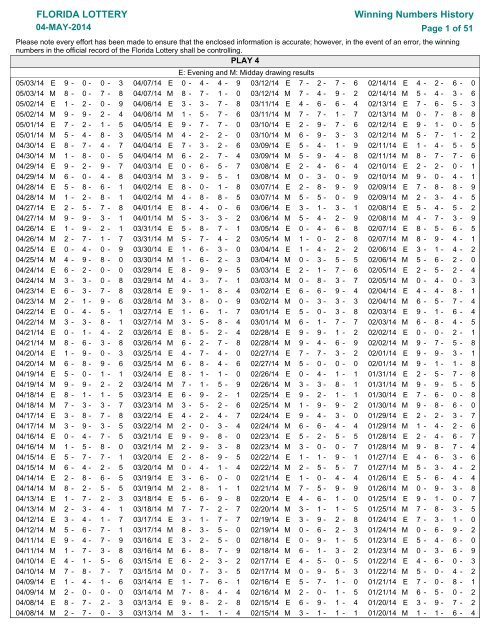 lottery fl numbers