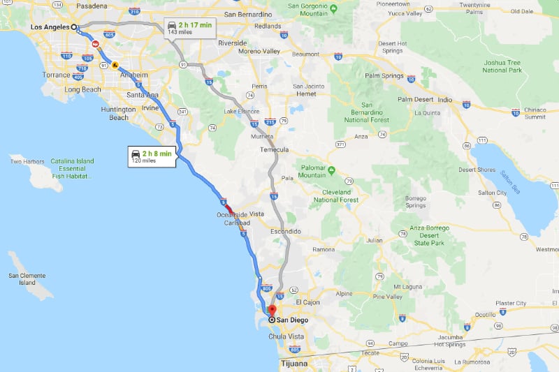 distance from la to san diego