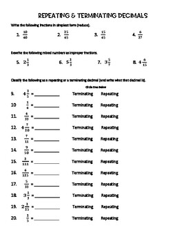 terminating and non terminating decimals worksheet