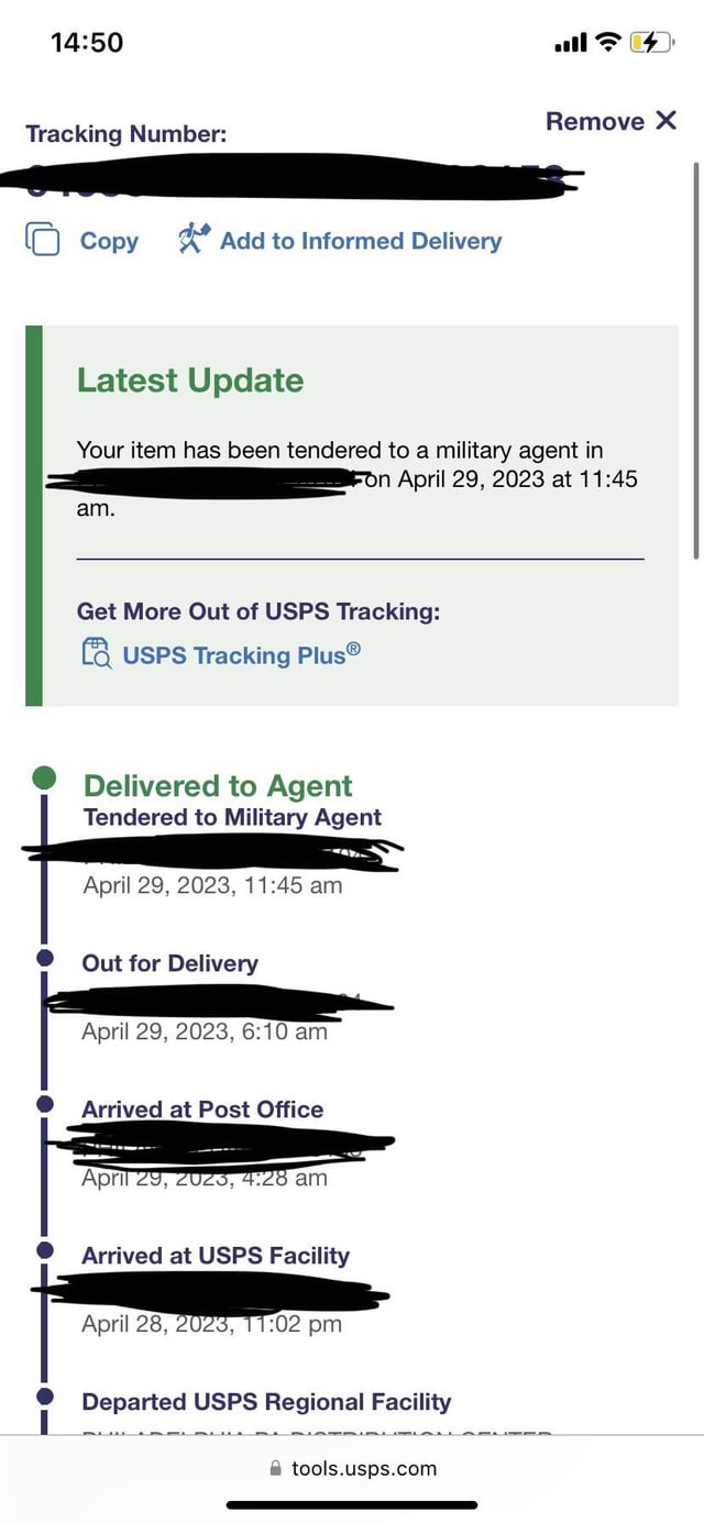 tendered to returns agent usps