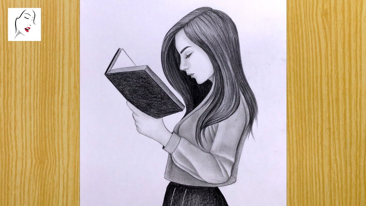 drawing of a girl studying