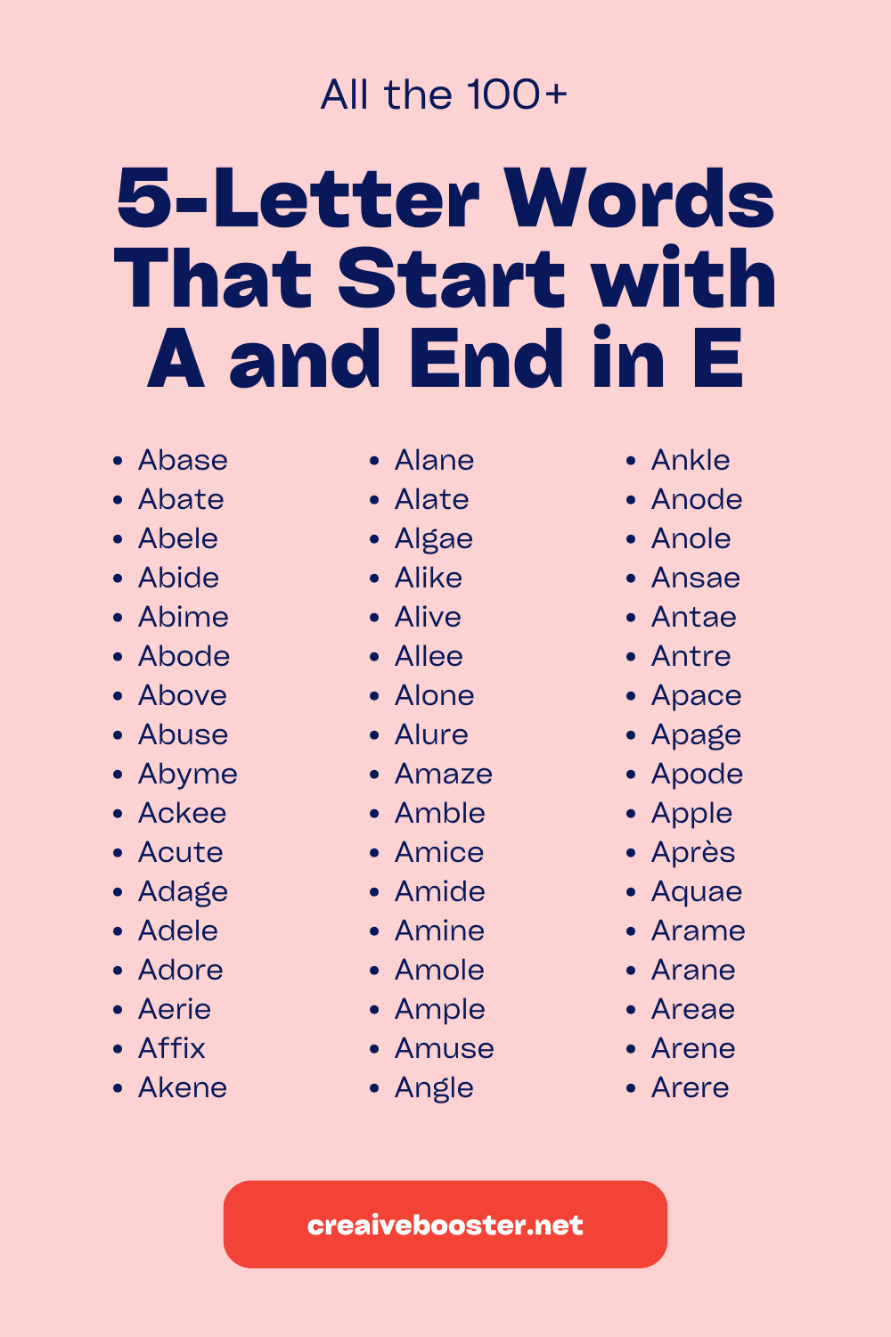 five letter words starting with a and ending with e