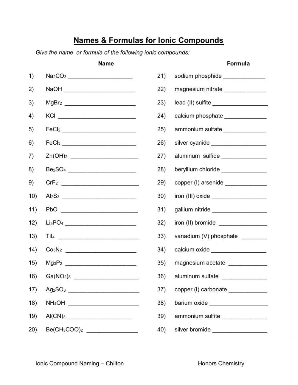 names and formulas for ionic compounds worksheet answers