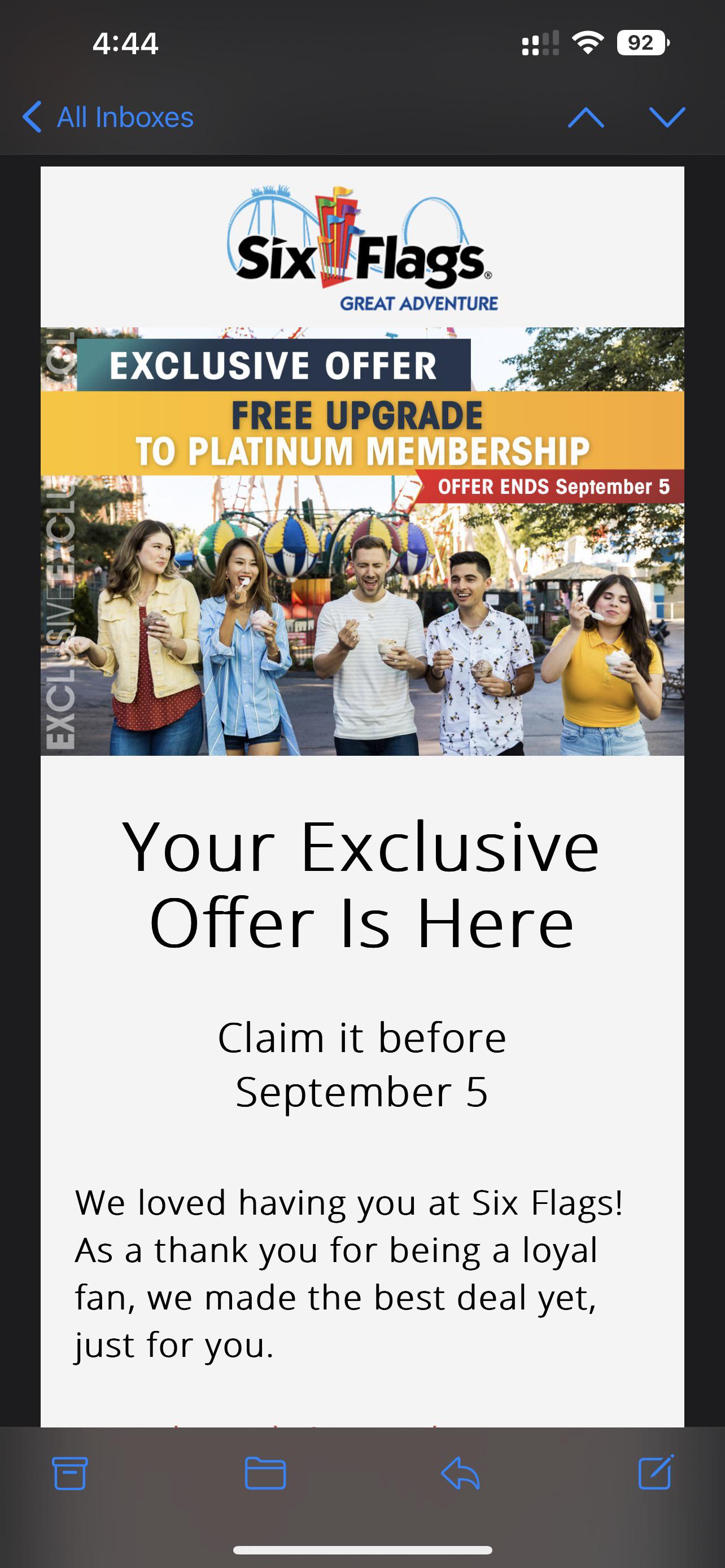 six flags free upgrade to platinum