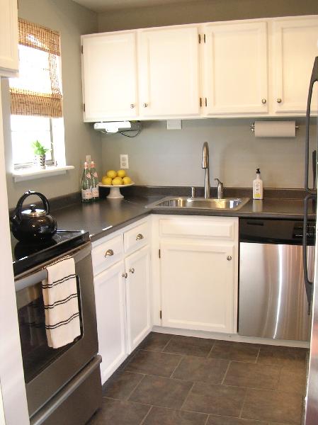 gray laminate countertops with white cabinets