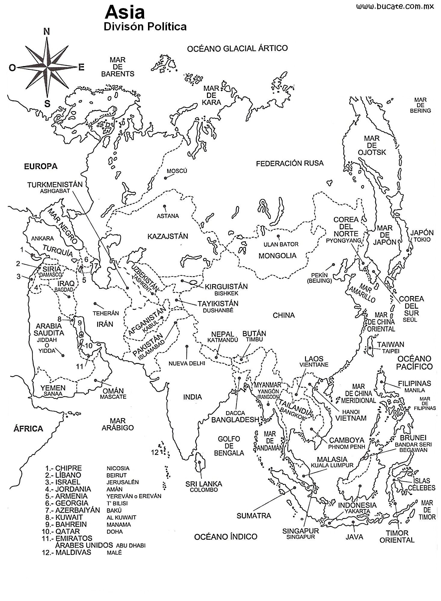 mapa de asia para colorear con nombres