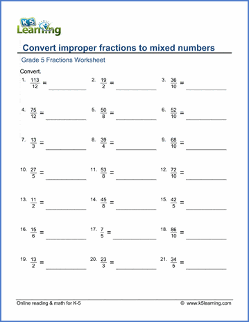 improper fractions to mixed numbers worksheet