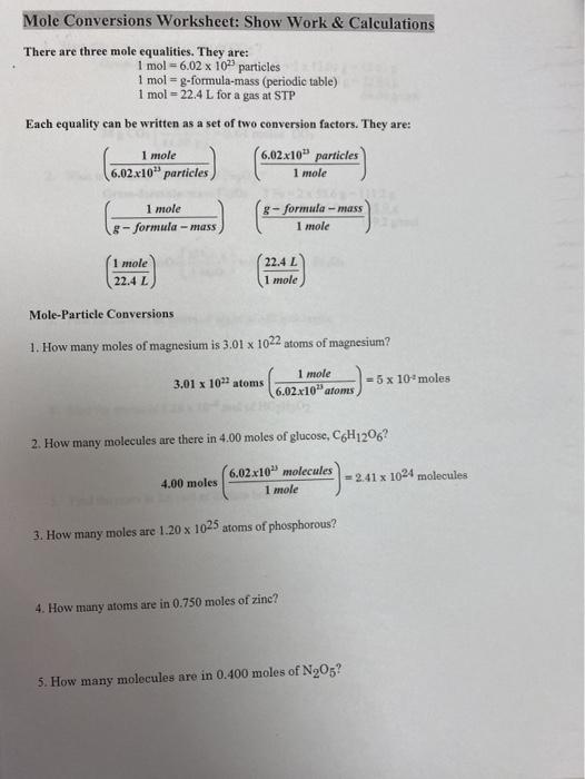 mole to mole conversion worksheet answers