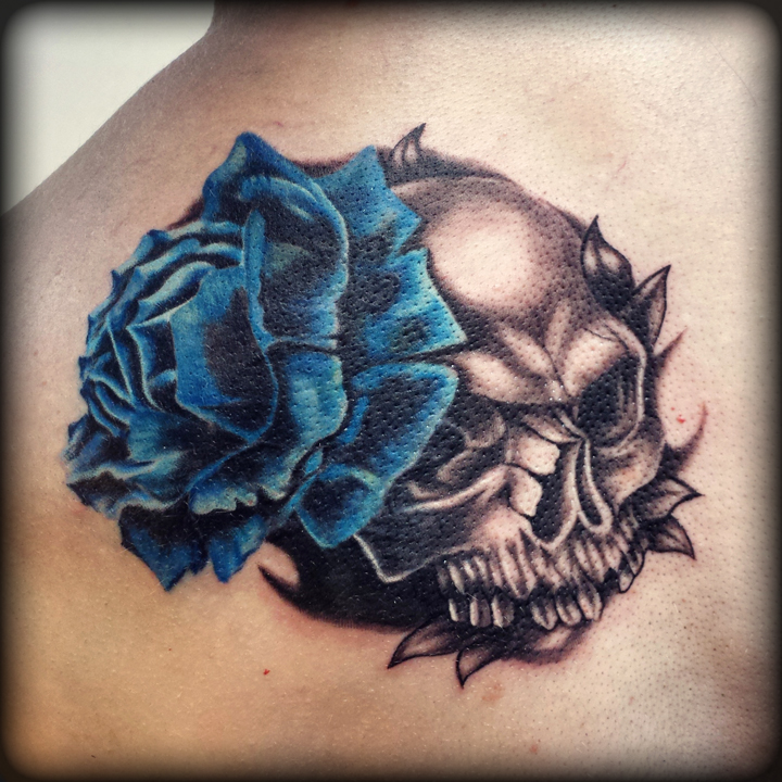 blue rose skull tattoo