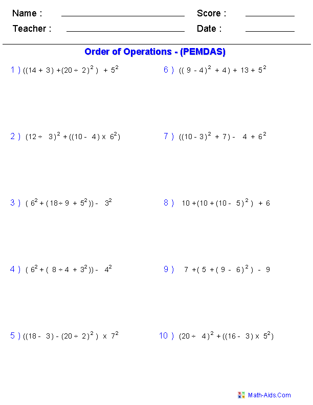 5th grade orders of operation worksheet