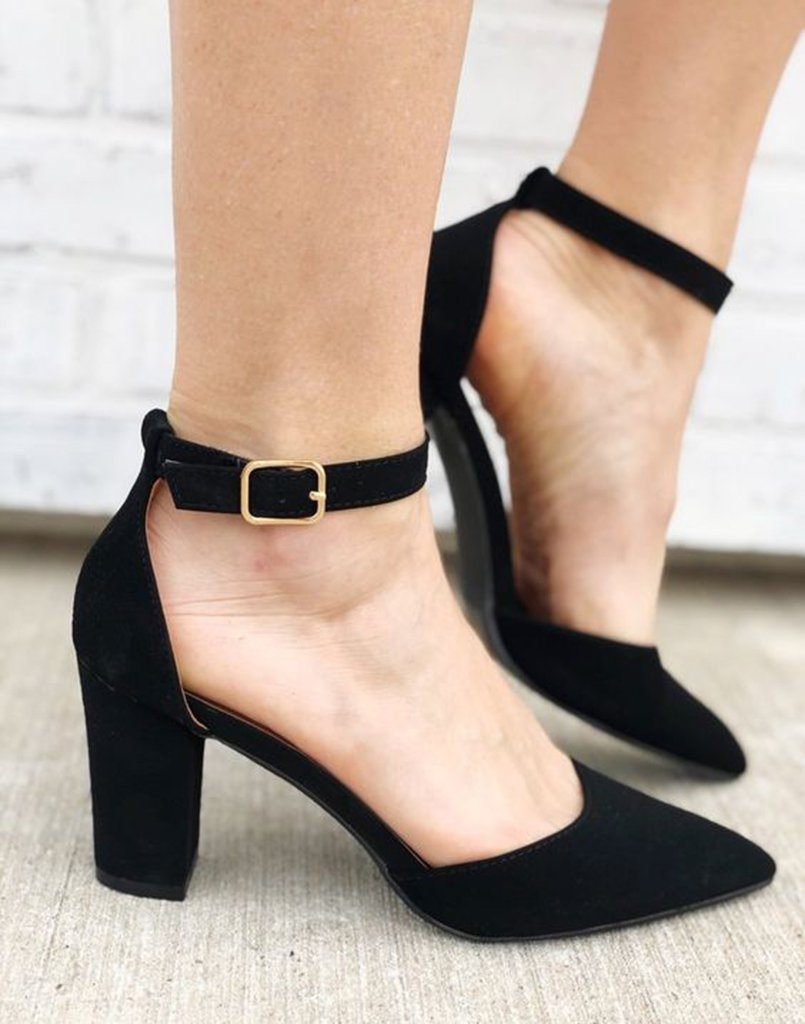 black heels with ankle strap closed toe