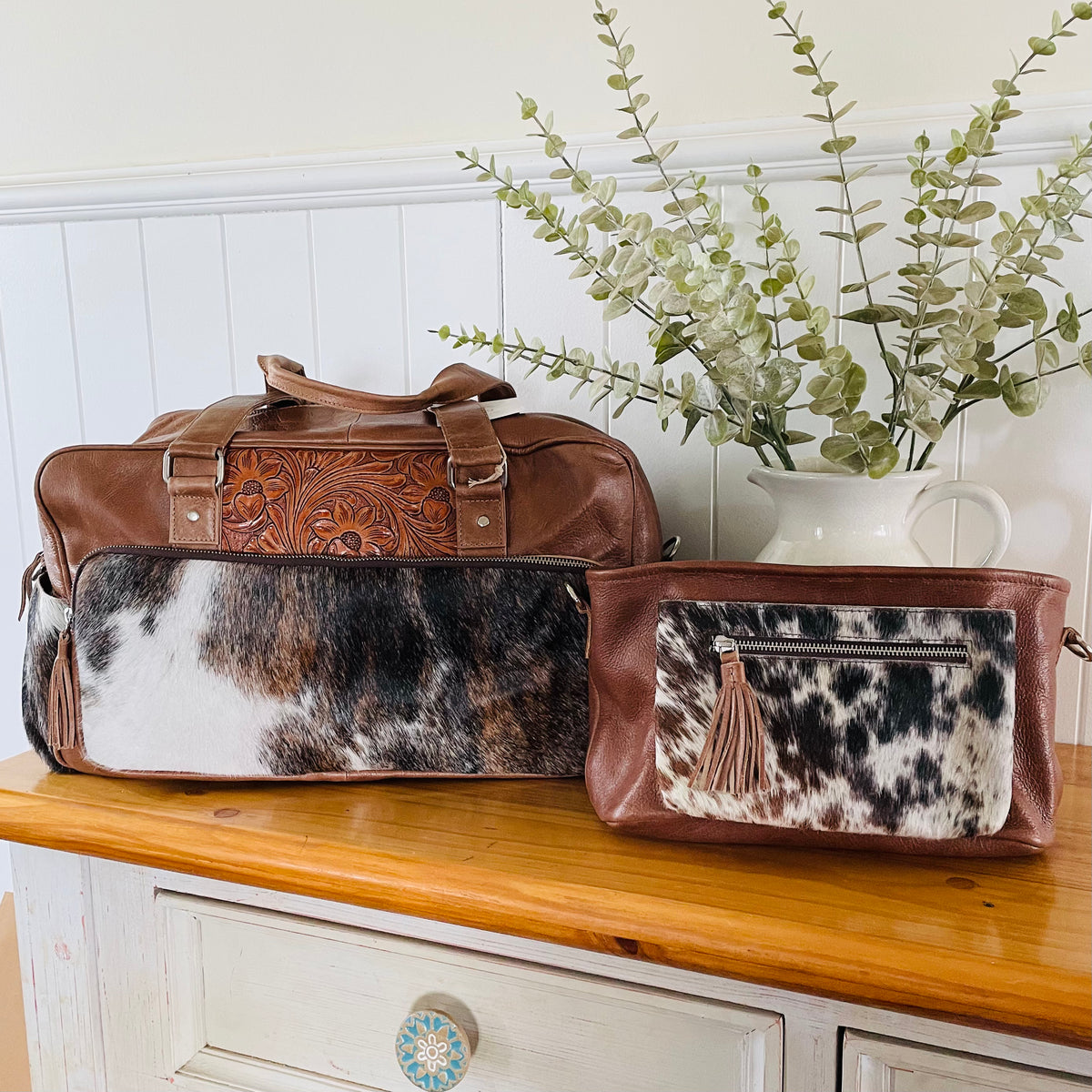 cowhide pram caddy