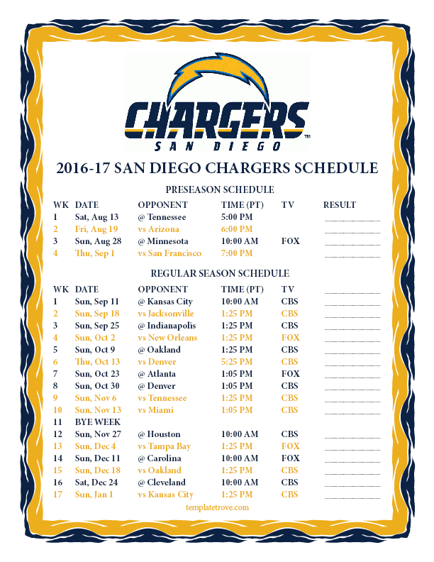 los angeles chargers schedule 2016