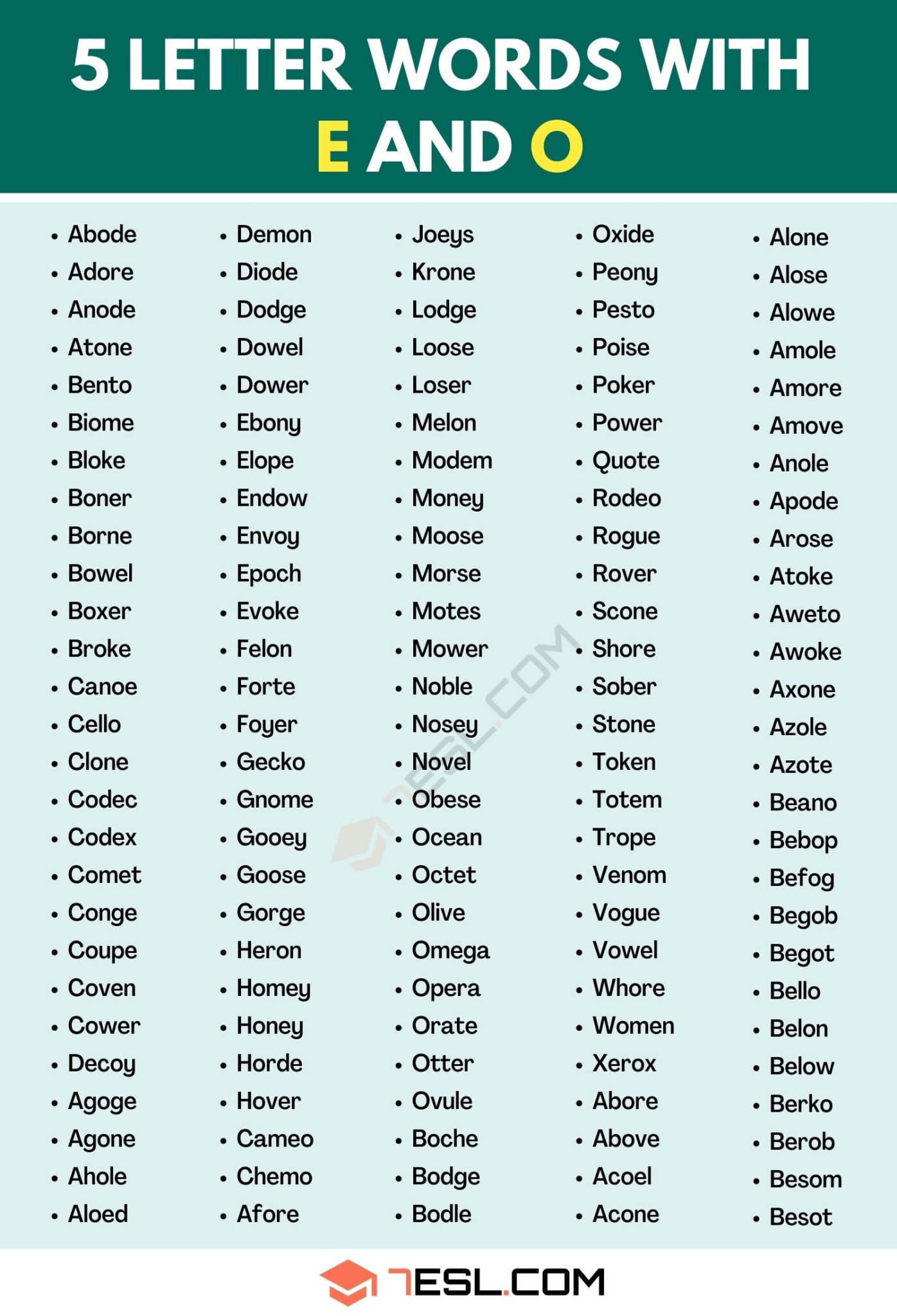 5 letter words with a and o and e